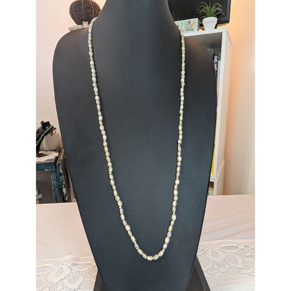 Vintage Faux Rice Pearl Long Endless Strand Necklace, Cream & Silver Gray, 33"